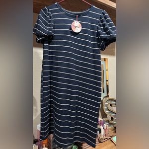 Navy Blue & White Striped Short Puffed Sleeve Dress